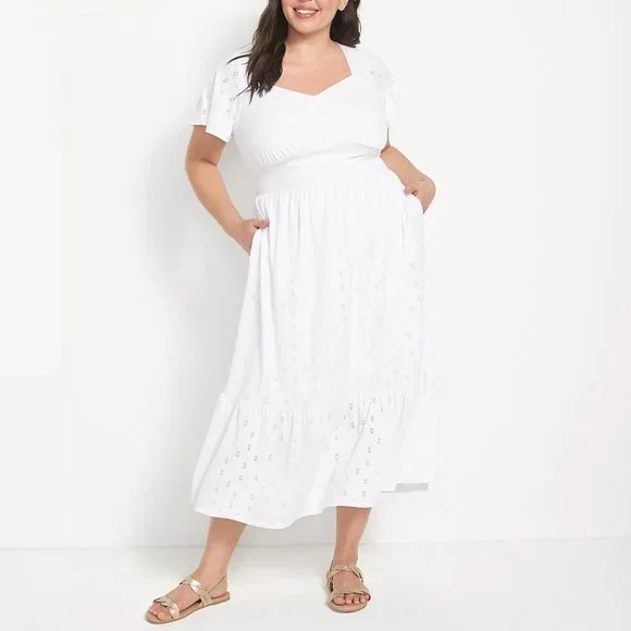 LANE BRYANT WHITE SWEETHEART NECK EYELET MIDI DRESS